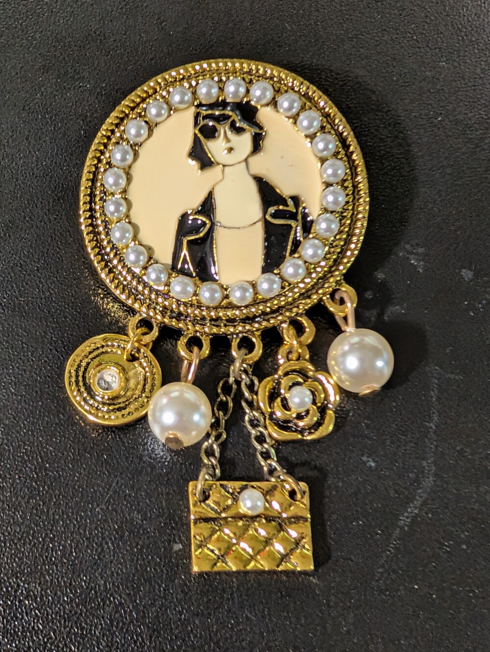 Gold-tone Pearl Charm Brooch with Black & Cream Enamel